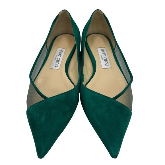 Jimmy Choo Saia Pointed-toe Mesh-panelled Suede Flats In Emerald Size 39 - Picture 4 of 15